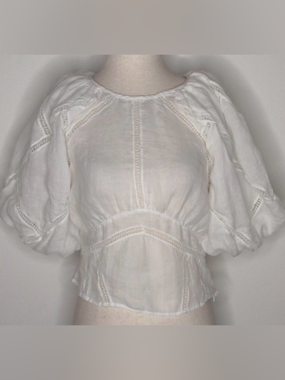 FRAME White Lace-Trim Puff Sleeve Blouse